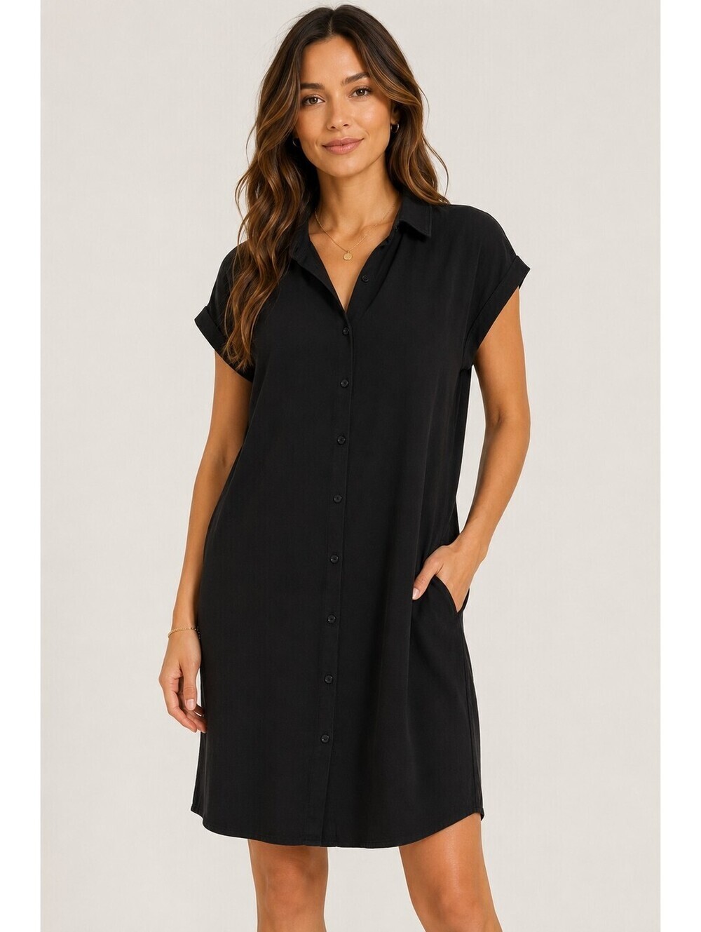 Eileen Fisher Tencel Lyocell Shirt Dress XS Black Button Front Minimalist